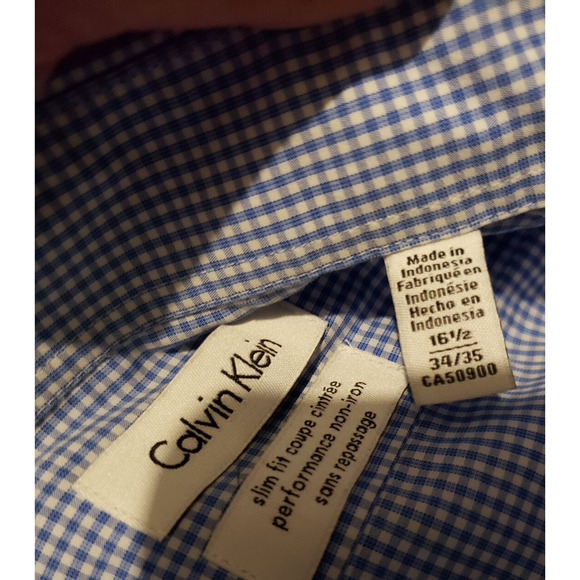 Mens Calvin Klein Size 16.5 Slim Fit Button Down Blue Checked Long Sleeved Shirt - Picture 6 of 9